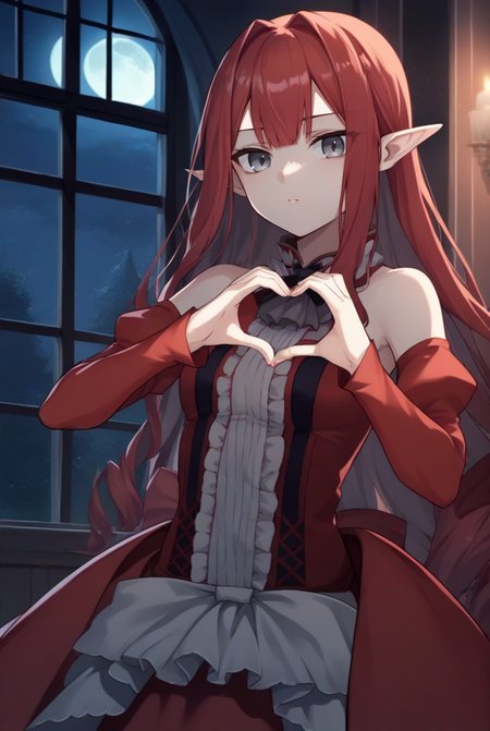 score_9, score_8_up, score_7_up, source_anime BREAK 1girl, solo, looking at viewer, cowboy shot, <lora:Baobhan_Sith_Pdxl-05:1> , baobhandefault,grey eyes, red hair, long hair, sidelocks, pointy ears,red dress, detached sleeves,  detached collar, center frills, frills, bare shoulders, ribbon, medium breasts, night, indoors, moon, moonlight, night, heart hands,