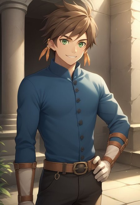 score_9, score_8_up, source_anime, highly detailed, 1boy, solo, male_focus, slender, skinny, upper body,
sorey, solo, brown hair, male focus, smile, 1boy, feathers,  gloves, hand on hip, pants, boots, feather earrings, green eyes, shirt, blue shirt,
outdoor, ruins