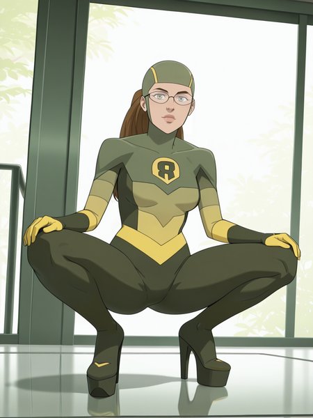 <lora:Shrinking_RaeIL:1> s_r, 1girl, brown hair, ponytail hair, green eyes, glasses, bodysuit with headdress, gloves,
looking at viewer, squatting, front view, spreading legs, platform high heels