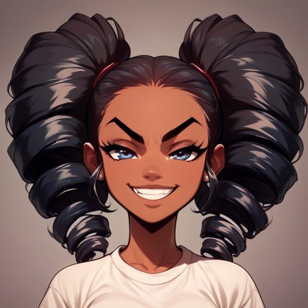 score_9, score_8_up, score_7_up, score_6_up, score_5_up, score_4_up, b00nd0cks
1girl, alone, dark skin, black hair, mega twin drills, smirk, whit shirt, half-body
