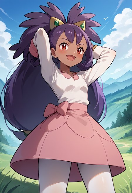 <lora:pony_good_hands:1>, <lora:Anime Style 2 SDXL_LoRA_Pony Diffusion V6 XL:0.3>, score_9, score_8_up, score_7_up, source_anime, good_hands, <lora:ExobeloStyle:0.7>
outdoors, landscape, grass, from below,
<lora:IrisPokemonIXL:1>, 1girl, solo, iris \(pokemon\), dark skin, long purple hair, big hair, hair ornament, white leggings, long sleeves, miniskirt, pink skirt,
<lora:Expressive_H:0.65>, red eyes, looking at viewer, blush, smug, smile, open mouth,  
standing, arms behind head,
