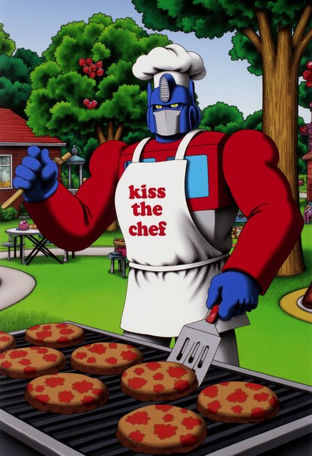 <lora:kft-montys-submarine-style:0.9>
The image is a vibrant, highly detailed kftcc style digital artwork featuring     Optimus Prime grilling hamburgers in the park. He is wearing a chefs hat, and apron, and holding a spatula. The apron has the text "kiss the chef" written on it