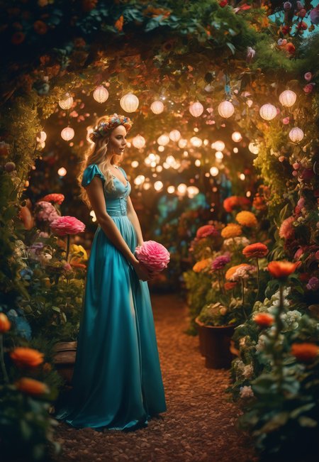 cinematic photo Arcane,  Alexander Bogen, Alice in Wonderland,  wandering in Enchanted Garden, beautiful,  whimsical wonderland with oversized flowers, talking animals, hidden pathways, swirling lights:1.2, light particles:0.9,life-like, Incorporates vibrant colors, unusual plant arrangements, and fantastical creatures, texture, masterpiece, great art, high quality, best quality, highly detailed, 8k, wide shot, panorama, (Bottom view:1.1), Kodachrome,1970s,(8k, RAW photo, highest quality), eye focus, close up,sharp focus,(detailed eyes:0.8),  <lora:sdxl_photorealistic_slider_v1:1>, (masterpiece,best quality:1.5) . 35mm photograph, film, bokeh, professional, 4k, highly detailed