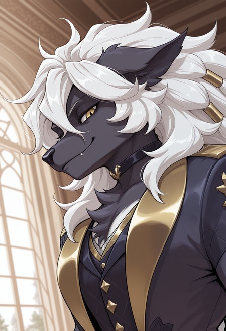 masterpiece,best quality,amazing quality, 1boy, solo, w00dw0s3, furry, yellow eyes, coat, vest, black choker, gold hair tube, close up, side angle, mansion, smug,