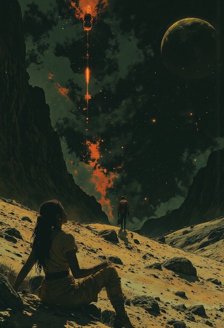 an kityy sitting on the surface of the moon. Looking up at a small earth in the distance.