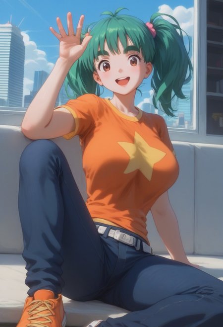 score_9, score_8_up, score_7_up, rating_explicit,1 girl, alone, cute, (voluptuous:1.2), PMDuplica, 1girl, solo, brown eyes, green hair, bangs, twintails, hair tie, thick eyebrows, short sleeves, t-shirt, orange shirt, star print, belt, jeans, orange footwear, sitting, looking at viewer, smile, open mouth, waving arms, BREAK, cityscape, blue sky, sunlight,