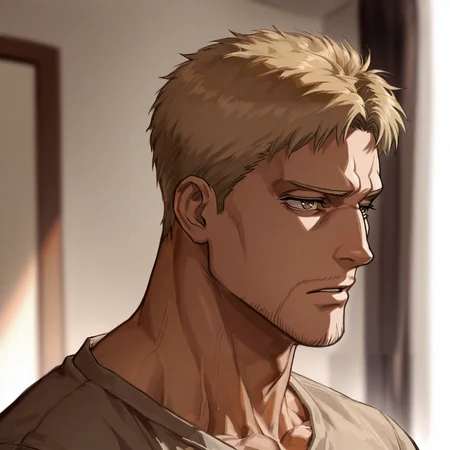 <lora:Reiner_Braun__Attack_On_Titan-000003:.7> Reiner Braun, blonde hair, short hair, stubble, facial hair,
(very short hair, beard, bara, mature, facial hair, stubble, beard, full beard, sideburn, beard, a lot of beard, ), facial hair,male focus, muscular male, muscular male, bara, mature,  bara, mature, aixiwuganda_(20222192), very awa, masterpiece, best quality, absurdres, newest, perfect quality, detailed background, intricate details,
<lora:slider_Body Type_alpha1.0_rank4_noxattn_last:3><lora:style_Anime Summer Days 2 Style SDXL_LoRA_Pony Diffusion V6 XL:.6><lora:slider_cfg_scale_boost:.7><lora:Artist6p:.55>, Artist6p, Artist04p,<lora:slider_il_brightness_slider_d1:-1><lora:slider_il_contrast_slider_d1:-1><lora:slider_DarkSlider1.2_alpha1.0_rank16_full_300steps:-.6>