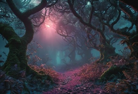 A cinematic, hyper-realistic, wide-angle scene of a dense, swampy forest on an alien planet. The trees and plants have deep purple and dark blue tones. The shape of the trees is twisted and unnatural, as if from another planet.  Vines hang from the trees. Small glowing creatures and plants scattered throughout in the trees and on the ground, shining in vibrant turquoise and red.  the ground is covered by moss and swirling fog . The atmosphere is illuminated by twilight, with occasional rays of sunlight breaking through the dense canopy of trees. The image is filled with intricate details, evoking the sense of a high-budget sci-fi movie scene. cinematic, science fiction