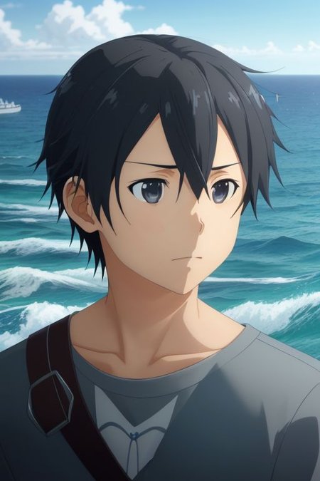 high resolution, solo, best quality, 1Boy, Kazuto Kirigaya, portraits, Black Hair, Black Eyes, sea, bow cruise ship, stong wind, ocean, OverallDetail