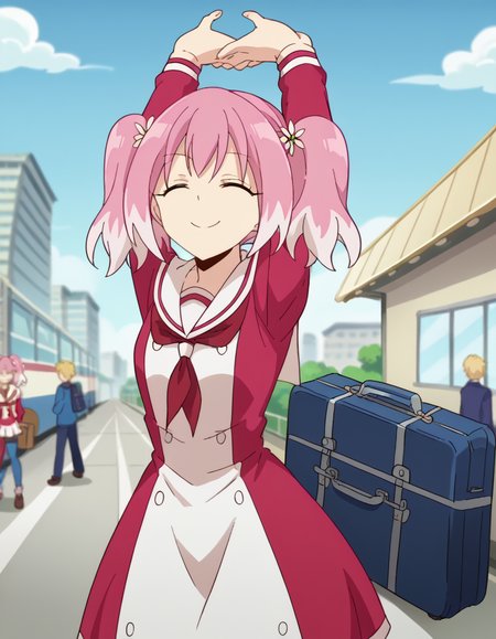score_9, score_8_up, score_7_up, source_anime, <lora:nana-hiiragi-s1-ponyxl-lora-nochekaiser:1>, nana hiiragi, aqua eyes, twintails, pink hair, flower, white hair, multicolored hair, hair flower, two-tone hair, anime screencap, dress, school uniform, sailor dress, red neckerchief, white sailor collar,, train station, waiting for train, suitcase, traveling, commute, city skyline, hands behind back, smile, <lora:cammy-stretch-ponyxl-lora-nochekaiser:1> cammy stretch, cammy stretch (meme), stretching, arms up, arched back, closed eyes, smile, cowboy shot,, looking at viewer, solo,, dutch angle, cowboy shot