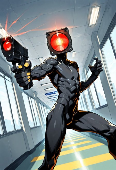 humanoid, male, traffic face, no mouth, object head, (((black skin, black body, Detailed body, no mouth))), glowing traffic face, (((Three head only)), red yellow green traffic, fingers, (no nipples),
foreshortening, very, covered eyes, holding gun,
aiming, fighting stance, yellow fingernails, arm veins, glowing, shadow, day
indoors sewers, foreshortening, dutch angle, dynamic
angle, dynamic action, intricately detailed, depth of
field, atmospheric perspective, masterpiece, best
quality, amazing quality, very aesthetic, absurdres,
newest