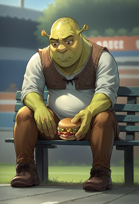 score_9, score_8_up,score_7_up, source_anime, solo, 1boy, 
sdknpb, sitting on bench, outdoors, park bench, hand on own knee, sad, leaning forward, holding, holding food, burger, looking down,
stadium, 
 shrek, green skin
<lora:sdknpb_pdxl_EliPot:1> <lora:Shrek_XLPD:1>