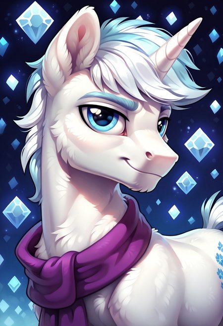 score_9, score_8_up, score_7_up, score_6_up, score_5_up, score_4_up, my little pony, ((feral pony)), ((double diamond)), 1MAN, ((solo)), (sexy), beautiful, detailed, (detailed handsome pony face), detailed blue eyes, ((detailed pure white fur:1.9)), muscular stallion:1.5, beautiful, vector, (beautiful feral unicorn pony), (beautiful white hair), (light blue crystal background:1.5), (looking at you), (calm expression), snowflakes, snowing, purple scarf