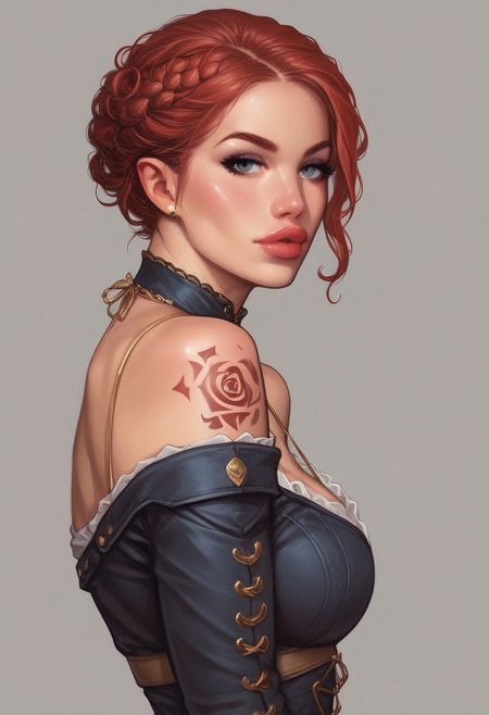 1girl, illustration, comic style, looking at viewer, highly detailed, source_comic_illustration, from front, 1girl, illustration, comic style, looking at viewer, highly detailed, source_comic_illustrationskinny, looking at viewer, 1girl, masterpiece, best quality, ((((side view)))), girl, realistic drawing, anime, by Sam Yang, sharp highly detailed 2d illustration, comic art, (hyperrealism, soft light, sharp), (anime:0.5), BREAK
BREAK
Curly long red hair, loose hair, dark eyes, dark makeup, red lip gloss, beautiful lips, very pale skin, curvy, dynamic pose, pinup pose, photo studio, dark light, exposed shoulder with tattoo on it, sinozick style, flat color, dark theme, zPDXL2, gr33n, plant, flower,, *channel_42*, forearm, waifu, the tattoo is that of a purple spiked rose
((full-clothed))
BREAK 
strange world background score_9, score_8_up, score_7_up, score_6_up, source_cartoon, rating_explicit, Expressiveh, ((((upper body, portrait))))), dynamic pose, dynamic pose