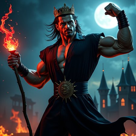 a beautiful 18yo male bodybuilder zombie warlock in a tight fitting black silk cap sleeved priest robe  with a plunging neckline showing most of his huge pecs and deep cleavage, full body shot, messed up style hair, cover model, skin details, flying in the sky, hovering over a black castle at night, the night sky is in flames, ultrarealistic, hyperdetailed photography, soft light, model look, staring at the camera, one arm raised up and out to the side flexing huge biceps, fist glwoing with power, the other hand holding a glowing wizardsd staff, long hair, earrings, vibrant blue eyes, bulging muscles, vascular, wearing a simple blood red filagree crown, glowing red eyes, leather studded bracelets, mouth open showing fangs