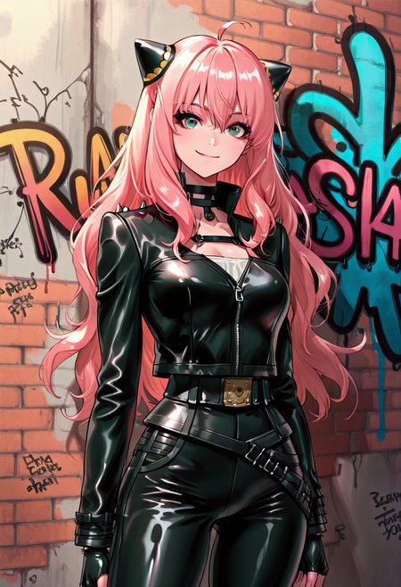 masterpiece, best quality, 1girl, solo, eyelashes, (beautiful eyes),     zzAnya, green eyes, hair between eyes, ahoge, pink hair, long hair, hair ornament, hairpods,    ,<lora:AdultAnyaIXL:1.0>,   <lora:FluxieStyle_IXL:1.0>, F1uxi3,  leather jacket, leather pants, black jacket, tight pants, black choker, zipper, fingerless gloves, biker clothes, spikes, multiple belts, shiny clothes, high collar, (graffiti:1.2), brick wall, solo, smiling, looking at viewer, cowboy shot,