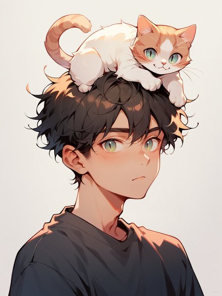 score_9, score_8_up, score_7_up, score_6_up,  <lora:p3tl0v3XLP:1> p3tl0v3, 1boy, cat, cat on head