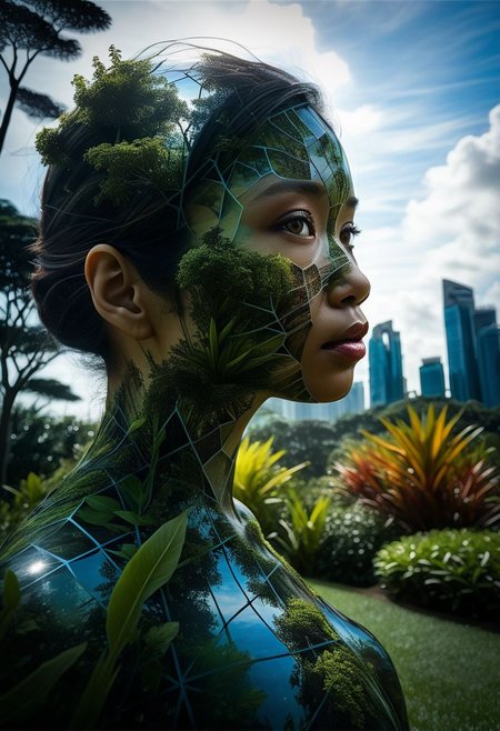 Close-up, mysterious silhouette of a singaporean woman, gardens by the bay in singapore, goddess, alluring, by Minjae Lee, Carne Griffiths, Emily Kell, Steve McCurry, Geoffroy Thoorens, Aaron Horkey, Jordan Grimmer, Greg Rutkowski, amazing depth, double exposure, surreal, geometric patterns, intricately detailed, bokeh,  perfect balanced, deep fine borders, artistic photorealism , smooth,  great masterwork by Suiras  <lora:add-detail-xl:2>  <lora:Double_Exposure:0.5>