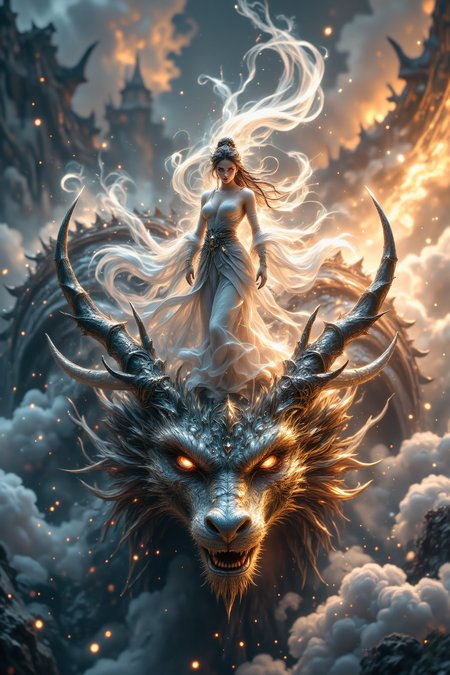 A close-up of an Eastern dragon's head partially visible, emerging swiftly from thick clouds with dynamic motion blur that emphasizes the sense of speed. Standing confidently on the dragon's head between its two large horns is a beautiful fairy, who is the central focus of the image. She is dressed in flowing white robes that billow dramatically in the wind, adding a sense of grace and ethereal movement. Her expression is one of unwavering determination, her eyes fixed forward with a strong, resolute gaze.
The dragonâs head is only partially shown to emphasize the fairy as the main subject, with its intricate scales and glowing eyes partially visible, adding a sense of power and mysticism. The background features swirling clouds illuminated by a soft, golden light from the setting sun, enhancing the dreamlike, mythical atmosphere of the scene. The entire image is captured in a hyper-realistic style with ultra-fine details, showcasing every texture of the fairy's flowing robes and the dragon's scales.
The use of high contrast and vibrant colors adds to the dramatic effect, creating a high-quality, fantastical depiction that combines realism with a sense of magic and mythology. The scene conveys a powerful and enchanting moment, filled with motion and mythical beauty.
<lora:FluxMythP0rtr4itStyle:0.75> mythp0rt,
<lora:aidmaGLOWV4wc:0.5> aidmaGlow,
<lora:glowing_flux:0.5>,
<lora:edgy_fashionista_flux_ntc_v2:0.5>,
<lora:bokeh_flux_ntc:0.5>,
<lora:detailed_flux_ntc:0.5>
<lora:aidmaFLUXpro1.1:0.85> aidmafluxpro1.1