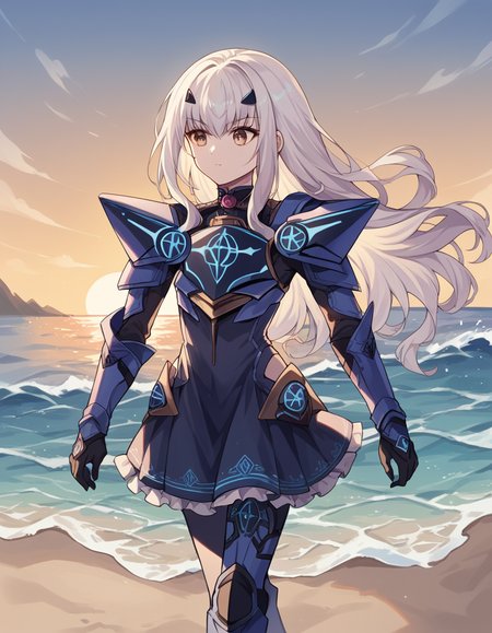 score_9, score_8_up, score_7_up, source_anime, <lora:fgo-melusine-ponyxl-lora-nochekaiser:1>, melusine, brown eyes, long hair, white hair, sidelocks,, armor, armored dress, black dress, black gloves, blue armor, blue dress, breastplate, dress, faulds, gloves, mask, pauldrons, short dress, shoulder armor,, beach, sunset, walking along shore, footprints in sand, waves, peaceful, , , arm holding an object, solo,, cowboy shot, dutch angle