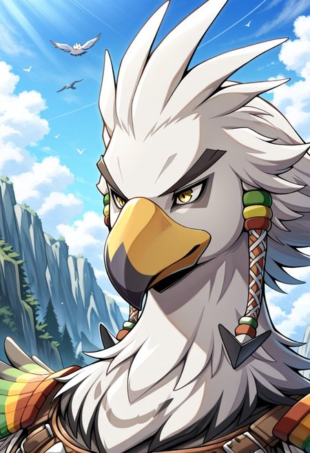 best quality, newest, absurdres, highres, Anthro,bird,Teba,yellow eyes,white fur,beak,face focus,outdoors