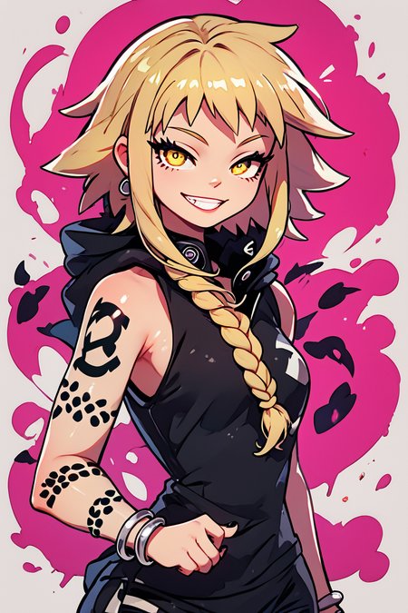 score_9, score_8_up, score_8, medium breasts, (curvy), cute, eyelashes,       BREAK, , zzMedusa, blonde hair, long hair, braid, yellow eyes, tattoo,  hood, jewelry, bracelet, sleeveless, nail polish, hoodie, braid, black nails,  <lora:Medusa_SoulEater_PDXL_v2:1.0>, BREAK, smile, looking at viewer, cowboy shot, ,,, embedding:zPDXL, Expressiveh, ,,, <lora:CuteToonPDXL:0.8>, <lora:SDXLFaeTastic2400:0.5>, <lora:Expressive_H-000001:0.4>,