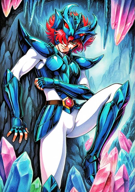 masterpiece,best quality,amazing quality, multfx, colorful, colored shading, hued shading, cyb88, traditional media, SSALBE, 1boy, solo, male focus, wavy hair, short hair, pink-red hair, hair over one eye, green eyes, megrez forehead protector (red eyes), megrez armor, belt buckle, teal pauldrons, teal breastplate, white bodysuit, teal fingerless gauntlets, from the side, crystal cave, pink crystals (size difference), leaning against wall, stalactites, crossed arms, head tilt, smirk, looking at viewer, leg up