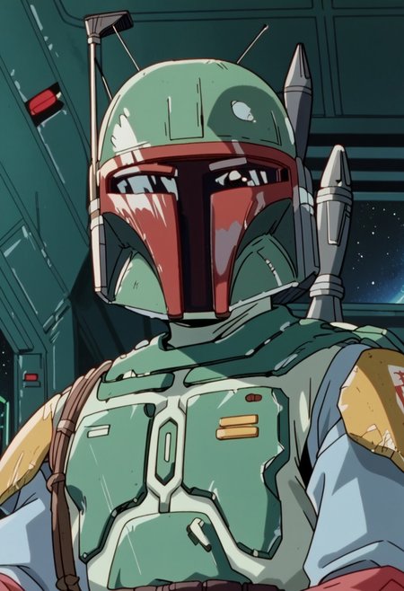 score_8, score_8_up, score_7_up, AWGXS, anime screenshot, retro artstyle,1990s (style), cel animation BREAK 1boy, male focus, solo, boba fett, green helmet, red visor outline, green armor plating, range finder, upper body, spacecraft interior, looking at viewer, thumbs down,