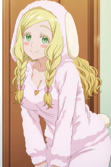 anime screencap, anime coloring, detailed face, masterpiece, best quality, very aesthetic, absurdres, volumetric lighting, official style, amazing quality, ultra detailed, highres, amazing quality, scenery, beautiful detailed hair, beautiful detailed eyes,
<lora:StS-Illustrious-Detail-Slider-v1.0:4>
indoors, girl is 18 years old,
<lora:Carol_Olston_Tomo-chan_is_a_Girl_-_Illustrious_V3:1> Olston (character), 1girl, solo, blonde hair, wavy hair, blonde eyebrows, long hair, large breasts, blush stickers, Carol pajamas (outfit), cleavage, rabbit hood, braids, rabbit suit, rabbit tail, pajamas, cute smile, cowboy shot, looking at the viewer, leaning in