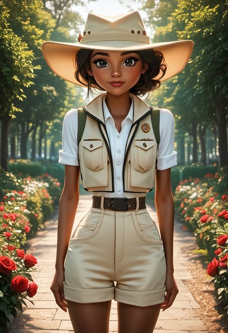(masterpiece:1.5), (score_9), auto1111, ultra-detailed, (high res), cinematic lighting, beautiful lighting, smooth lighting, (detailed background), ponypositive, 1woman, solo, solo focus, ((cowboy shot)), looking at viewer, (narrow waist, skinny, slender body, slim), (outdoors, floral garden, roses, day), (anime eyes), bright lighting, daylight, sunshine, cute, kawaii, (closed mouth), happy, ((standing)), alone, (hands at sides), (perfect hands, beautiful hands), perfect anatomy, cinematic style, cinematic quality, precise, prevision, colorful, striking visuals, sharp focus, light reflection, small body, zPDXL3, SmoothQualityPony, 3D Fairytales, JasmineTDPI, dark skinned female, safari outfit, beige hat, khaki vest, beige shorts, back hair, dark green hiking boots, white socks, black eyes, lips,