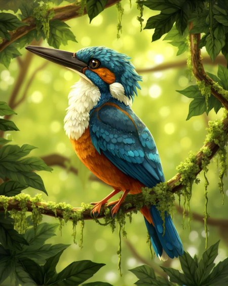 <lora:ck-LttleGhost-000011.safetensors:1> in the style of ck-lttlegh0stSubject: A majestic kingfisher perched on a lush green branch, its vibrant blue and orange feathers glistening in the warm light. The bird's piercing gaze seems to hold mine, as if daring me to come closer.
Her plumage is a mesmerizing dance of color, with iridescent blues and oranges that seem to shift and shimmer like the surface of a tranquil lake on a summer's day. Each feather is meticulously rendered, every barb and quill perfectly in place, giving the illusion of three-dimensionality. The subtle play of light across her feathers creates an almost palpable sense of texture.
Her eyes, a piercing black, seem to bore into mine, challenging me to meet their intensity. Her beak, strong and sharp, is poised, as if ready to strike at any moment. The delicate tendrils of greenery surrounding her form a lush, organic framework that seems to pulse with life.
The leaves below are rendered in exquisite detail, each leaf a masterpiece of botanical precision, with every vein and ripple meticulously painted on. The gentle play of light across the leaves creates an almost surreal sense of depth, drawing me into the world of this painting.
Wardrobe: The kingfisher's plumage is its most striking feature, with vibrant blue and orange hues that seem to shift in the light. The delicate feathers on her head and neck are a marvel of detail and artistry.
Setting: A lush, verdant branch hangs suspended in mid-air, surrounded by leaves that seem to writhe and twist like living tendrils.