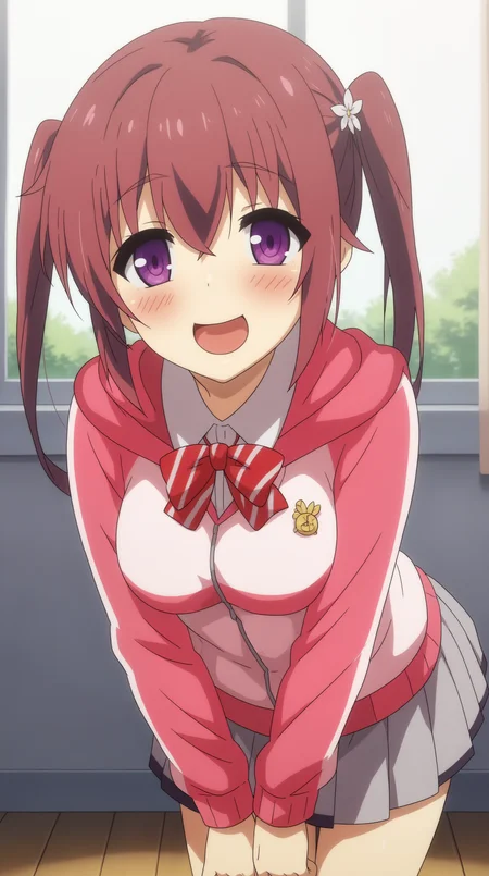 score_9, score_8_up, score_7_up, best background, detailed background, 4k, upscale, anime_source,  Satogami Yuri, solo, looking at viewer, blush, smile, open mouth, skirt, bow, school uniform, flower, :d, pleated skirt, hood, hoodie, full body, bent over,   <lora:JN_Satogami_Yuri_Pony:0.8>