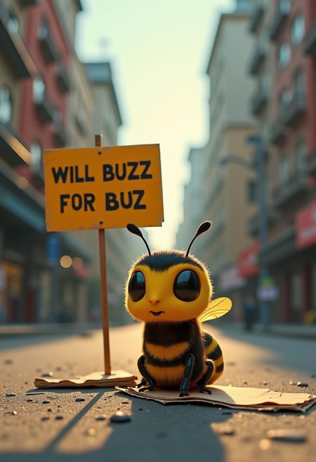 masterpiece, best quality, highly detailed, score_9, score_8_up, score_7_up, 
BREAK, 70mm lens, full-color photograph, shadows, cinematics lighting, volumetric lights, realistic lights, three quarter view, film grain, 
photograph of a tiny cartoonish bee, looking desolate, in an empty city, sitting on a piece of cardboard, a huge sign next to him that says "will buzz for buzz"