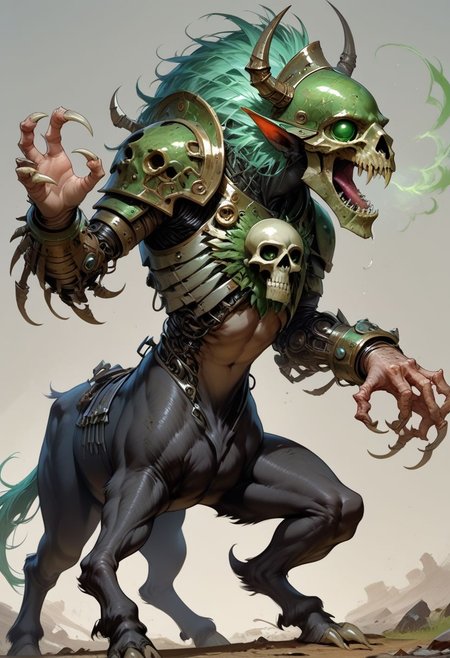 score_9, score_8_up, score_7_up, source_cartoon,  solo, hunched over, Nightmarish centaur, (centaur body:1.1), (full helmet, skull helmet, green breathing tubes, green saliv, drooling:1.2), (black body suit, robotic shoulder pads, robotic chest plate, robotic arms, light armor), (claw legs, claw arms, wrist mounted blades:1.5), roaring, simple background, (horror art style:1.1)