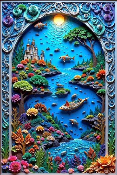 ocean bottom beautiful  landscape, noon, woman, very intricate, very detailed, sharp, bright, colorful, <lora:Hand v2:0.5> <lora:Anti-Blur:1><lora:Insane Detail Slider:0.25>  <lora:flux.1_lora_flyway_Epic-detail_v2:0.3><lora:fluxenhancer:0.3> <lora:Paper_quilling_and_layering_style_v2:1.1> Paper Quilling, Layered Paper