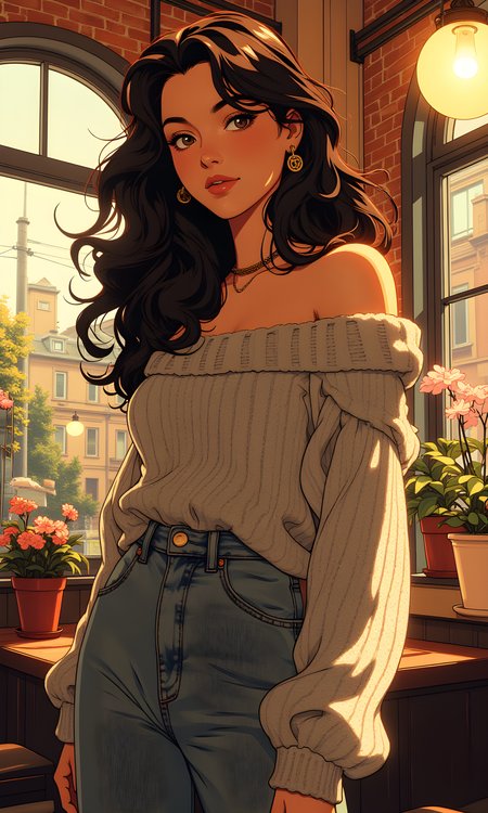 A stylish and elegant scene featuring a woman in a cozy, well-lit café. The woman has long, wavy hair that cascades down her shoulders, adding to the overall warmth and inviting atmosphere of the image. She is wearing an off-the-shoulder, chunky knit sweater that is light gray in color, paired with high-waisted jeans. The sweater is loose and comfortable, creating a relaxed and casual look.
The background features various elements that contribute to the ambiance of the café. There are hanging lights that cast a warm glow over the space, and some potted plants and flowers can be seen on the tables, adding a touch of nature and color. The windows behind the woman let in natural light, which highlights her features and the texture of her clothing.
The overall mood of the image is one of comfort and style, capturing a moment of quiet elegance in a charming café setting. The combination of the woman's outfit, the warm lighting, and the cozy environment creates a visually appealing and memorable photograph.
BREAK anime, d13s3lp2nk, bboil artist style, OBdonman, <lora:FLUX\Synesthesia:0.2>, <lora:FLUX\RetroAnimeS1.1:0.4>, <lora:FLUX\Flux-jijia:0.1>, <lora:FLUX\It's a LoRA for portraits, BUT! actually specialized in backgrounds. v1.0:0.1>, <lora:FLUX\GLSHS:0.2>, <lora:FLUX\Dieselpunk Delight - s0_9 g4:0.4>, <lora:FLUX\OBdonman, anime0style portrait:0.1>