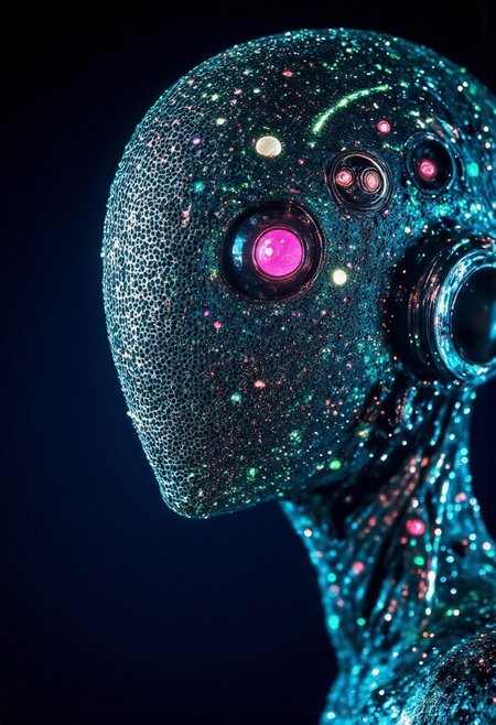 An infinite, labyrinthine corridor of numbers stretches endlessly in all directions, suspended in a cosmic haze of neon hues—pinks, blues, greens, and a pale, decaying yellow. The artwork is a high-quality digital piece, portraying a SentinelBot—a cyborg Bedouin with an exquisitely delicate design. The composition focuses on an upper-body close-up, showcasing the captivating blend of artificial aesthetics and aged, intricate technology.
The SentinelBot's skin is a smooth, porcelain-like synthetic material with a faint, opalescent sheen, marred by subtle cracks and wear that hint at decades of use. Metallic joints and exposed mechanisms peek through the worn surface, revealing a complex inner structure of filigree-like circuits and finely machined components. Her face is partially shrouded in shadow, high collar, 
Her attire reflects a fusion of traditional Bedouin influences and futuristic design with deep, glowing hues of cobalt blue, amethyst, and emerald green, evoking the vastness of a starlit desert night.
