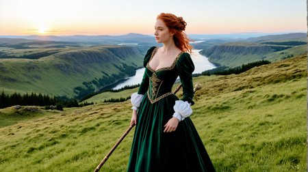 (dynamic pose candid wide shot:1.2), lazyreal, Olivia_Eneftees, cleavage,  outdoor Scottish highlands, vivid sunset hues, fantasy setting. A striking redhead woman, (distinctly Scottish), wearing an elaborate elven inspired gown is a fusion of deep emerald green and earthy browns, with intricate Celtic knotwork embroidery in gold thread, Flowing sleeves, a fitted bodice, short skirt, fiery red hair is styled in a cascade of loose curls, green eyes, stands atop a grassy knoll, overlooking a misty loch. In her hands, she holds an ancient, rune carved staff, emanating a soft, other worldly glow.