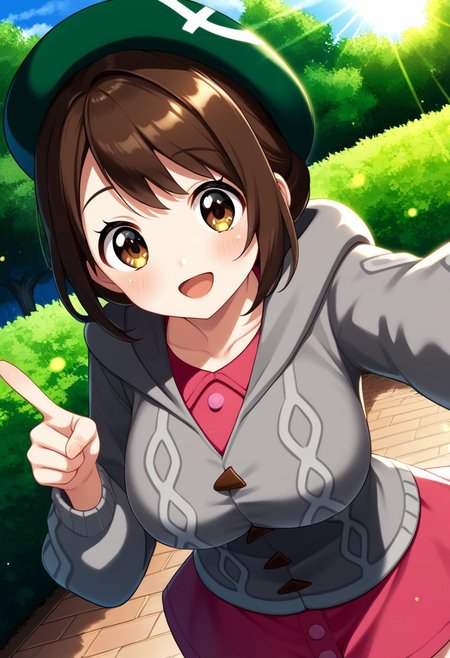 score_9, score_8, score_7_up, source_anime, (nsfw:1.0), BREAK, 
cute 1girl, shiny_skin, (large breasts), skinny body, brown_hair, brown_eyes, tareme, green_headwear, hooded_cardigan, pink_dress, 
angle:random, 
smile, 
any pose, pointing own mouth,  
outdoors, light particles, light rays, park, blue sky,