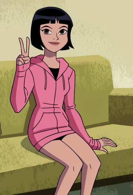 Julie Yamamoto,1girl, solo, sitting,peace sign,smile,black hair, short hair, brown eyes, lips, pink hoodie, long sleeves, official costume, retro artstyle