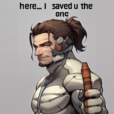 source_anime, score_9, score_8_up, <lora:NSRedOneMeme:1> NSRedOneMeme, upper body, holding, english text, from side, looking at the viewer,  <lora:JetstreamSam_XLPD:1> JetstreamSam, cyborg, bodysuit, headgear, beard