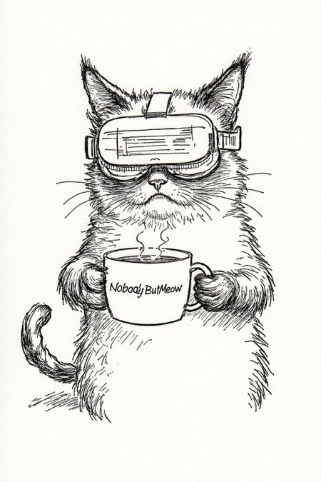 ehshep1 sketch. 
Grumpy Cat holidng a coffee mug, wearing a VR Headset. The mug has the phrase "NobodyButMeow" <lora:ehshep2_cap_d6a3e12:1.0><lora:826244149167588422:0>