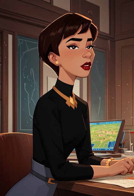 score_9,score_8_up,score_7_up,(masterpiece), best quality, expressive eyes, amazing quality, solo, 1girl, Professor Granville,red lips,short hair,black shirt,blue skirt,