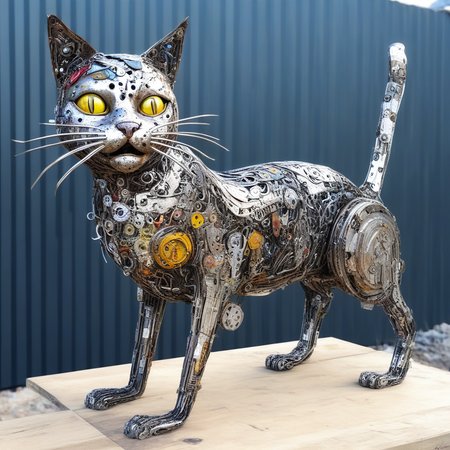 An imaginative sculpture of a cat entirely crafted from scrap metal and discarded materials. Rustic, metallic texture, intricate details, recycled art, environmental theme, industrial aesthetic, creative craftsmanship, mechanical parts, welded joints, scrapyard, artistic composition, realistic, high detail, digital art, unique concept, urban setting, vibrant colors, dynamic lighting, sharp contrasts, innovative design, high resolution, ready for print, commercial use, expressive, whimsical, upcycled materials, textured surface.
