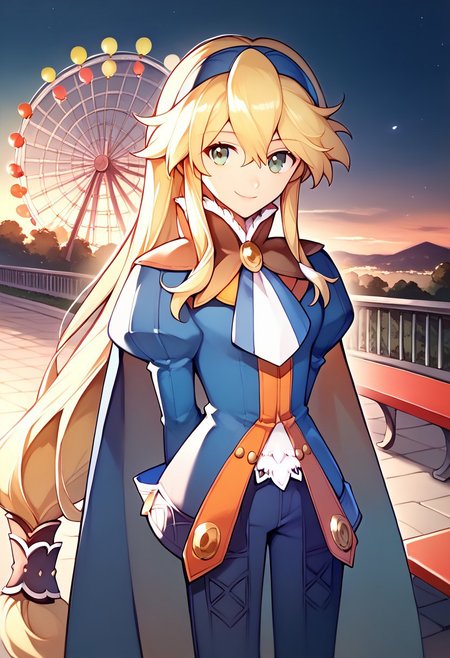 score_9, score_8_up, score_7_up, highres, (best quality:1.1), masterpiece, absurdes, 1girl, solo, long hair, looking at viewer, smile, standing, outdoors, night, arms behind back, bench, balloon, lamppost, ferris wheel,  <lora:clarissaarwin-pdxl-nvwls-v1-000005:1> clarissa arwin, blonde hair, hairband, low-tied long hair, white ascot, blue cape, blue coat, puffy sleeves, white gloves, blue pants, smile