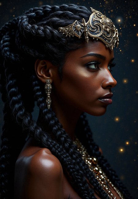 a detailed realism image of a dark=skinned woman with dark braids and beads, her hair blending seamlessly into a spiraling, fractal-like pattern with detailed skin and detailed skin pores The background glows with star-like particles, giving the impression that she is weaving the cosmos itself with her hair.

subtle light reflections on the fractal surfaces, giving them a polished, almost metallic appearance that enhances the sense of realism.
