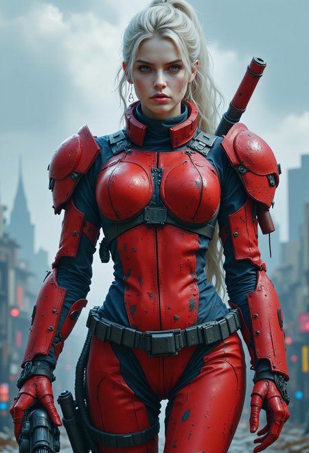 The image is a highly detailed, realistic digital painting featuring a young woman with a fierce, determined expression. She has piercing blue eyes and pale skin, with long, platinum blonde hair styled in a high ponytail. Her attire is a futuristic, armored suit in a striking red color, adorned with intricate, metallic details and straps that cover her torso and shoulders. The armor is weathered, showing signs of wear and tear, with a gritty, battle-ready texture.