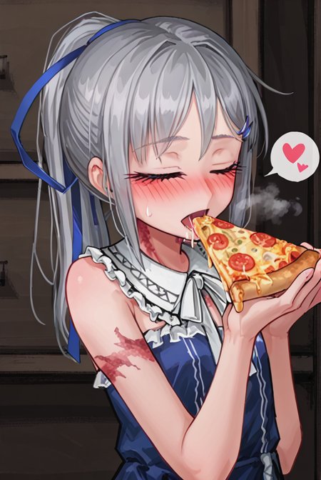 score 9,score 8 up,score 7 up,rating questionable,detailed background,aroused,cinematic lighting,dynamic lighting,uncensored,
,sylvie <lora:sylvie.pony:1>
steaming body,sensual,alluring,sweatdrop,heavy breathing,(spoken heart),silver hair, ponytail,blue ribbon, 
blue-dress,sleeveless, 
hud_e4ting,holding pizza slice,holding food,eating,<lora:eating_slice_of_pizza:0.6>,open mouth,closed eyes, 
Intimate Portuguese Fado Bar,softly glowing lanterns and flickering candles,saliva,