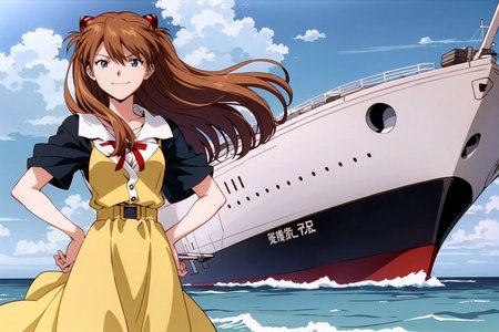 <lora:evangelion1995Style_v1:0.8>, evangelion, souryuu asuka langley, 1girl, blue eyes, orange hair, smug, closed mouth, smile wind, yellow dress, ollar, hand on hip, looking at viewer, ship, outdoors, ocean, anime coloring, solo