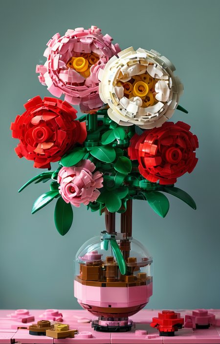 masterpiece,best quality,<lora:tbh246-sdxl:0.9>,illustration,style of lego,  decaying peonies